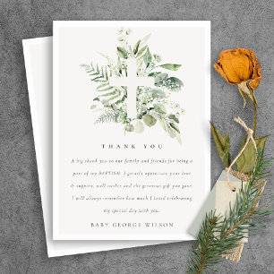 Carte De Remerciements Rustique Green Eucalyptus Fern Foliage Croix Baptê