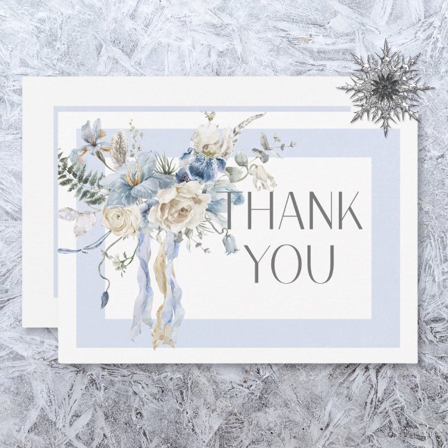 Carte De Remerciements Rustique hiver Frosty Bleu & Blanc Floral Mariage (Créateur téléchargé)