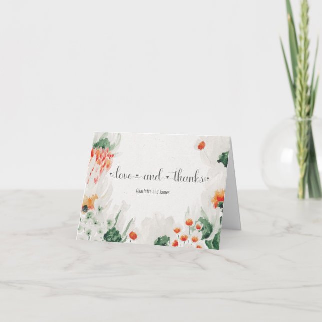 Carte De Remerciements Rustique Orange Vert Aquarelle Blanche Floral (Devant)