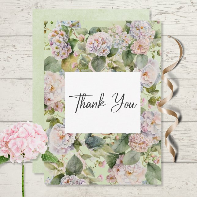 Carte De Remerciements Rustique Pastel Hydrangea Floral Monogramme Sage V (Créateur téléchargé)