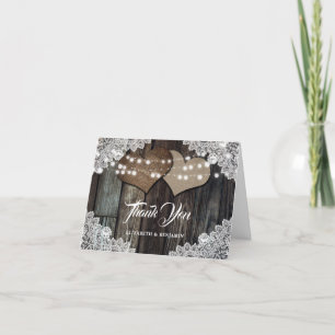 Carte De Remerciements Rustique Pays Dentelle de bois Mariage Coeurs