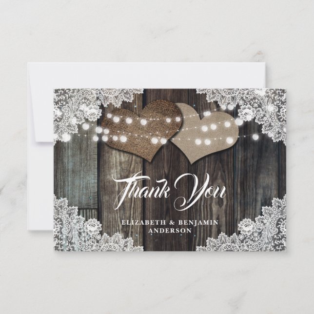 Carte De Remerciements Rustique Pays Dentelle de bois Mariage Coeurs (Devant)