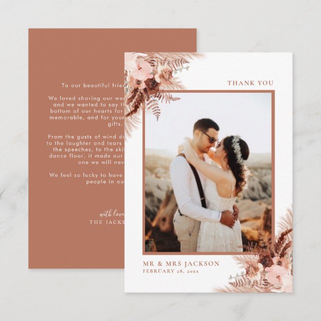 Carte De Remerciements Rustique Terracotta Pampas Grass mariage élégant (Devant / Derrière)