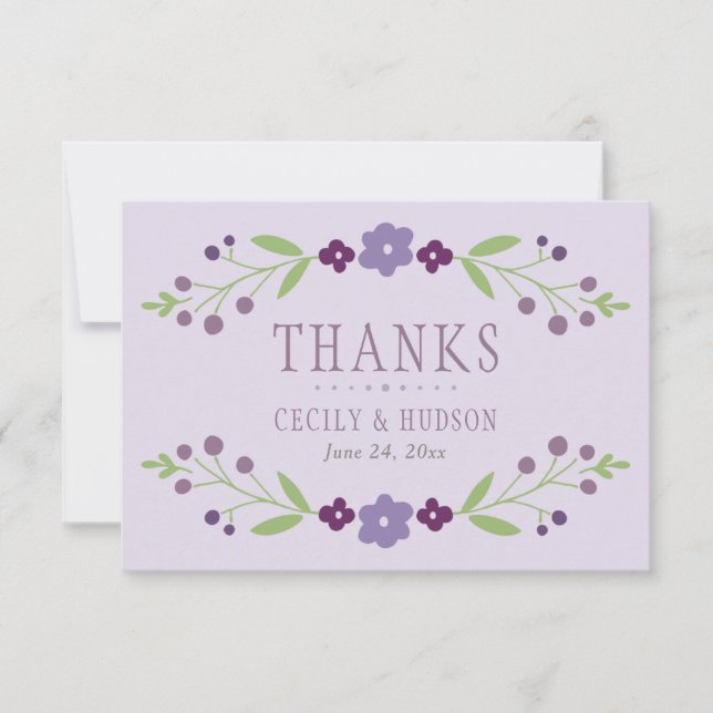 Carte De Remerciements Rustique violet et vert Mariage floral (Devant)