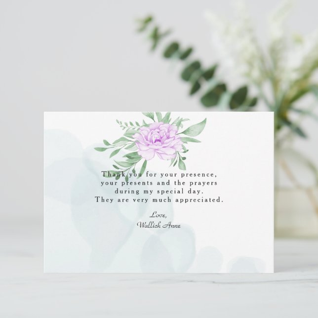Carte De Remerciements Rustique violet Rose Eucalyptus Feuilles Baptême P (Debout devant)