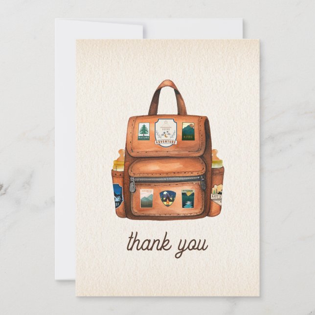 Carte De Remerciements Sac à dos aventure + Bouteilles Baby shower bois (Devant)