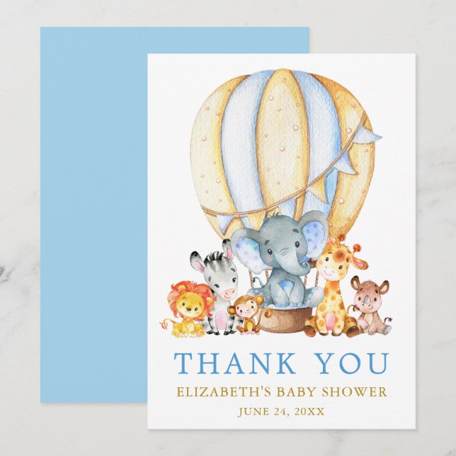 Carte De Remerciements Safari Animals Blue Hot Air Balloon Baby shower (Devant / Derrière)
