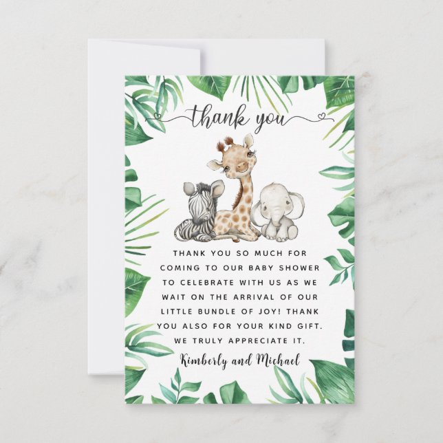 Carte De Remerciements Safari Animaux Aquarelle Anniversaire | BABY SHOWE (Devant)