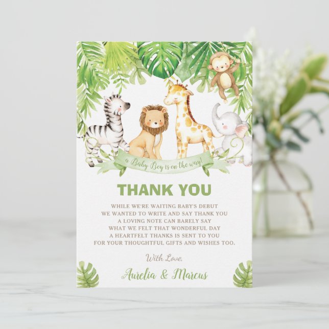 Carte De Remerciements Safari Jungle Animaux Baby shower Boy Green Forest (Debout devant)