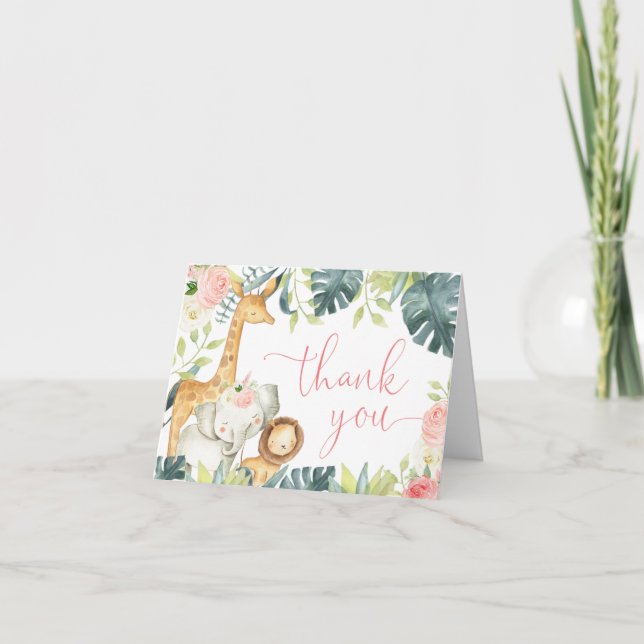 Carte De Remerciements Safari jungle animaux rose blanc aquarelle florale (Devant)