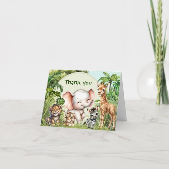 Carte De Remerciements Safari Jungle Cute Animaux Sauvages Un 1er Anniver (Devant)