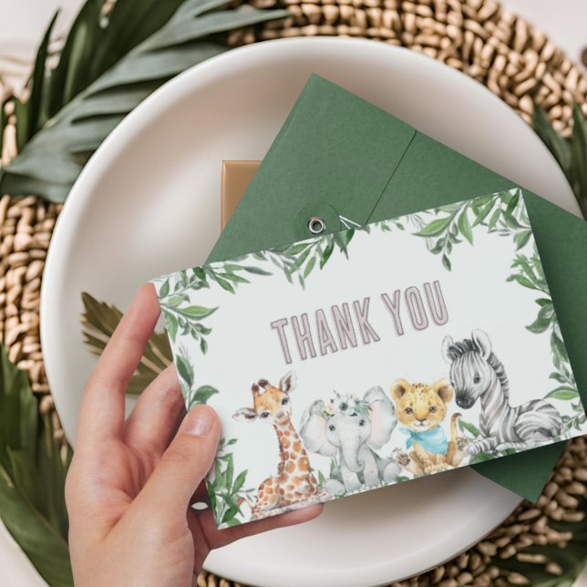 Carte De Remerciements Safari Neutre Genre Animaux Baby shower de verdure (Créateur téléchargé)