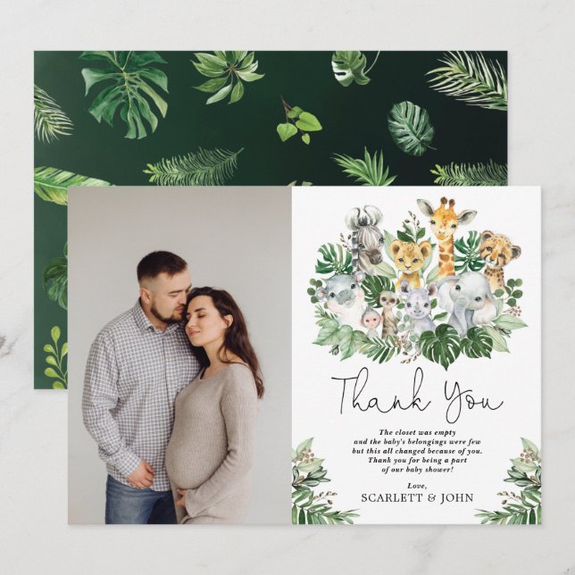 Carte De Remerciements Safari sauvage Jungle Animaux Baby shower tropical (Devant / Derrière)