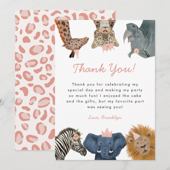 Carte De Remerciements Safari sauvage rose Animaux fête d'anniversaire (Devant / Derrière)