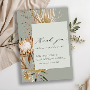 Carte De Remerciements Saga Green Boho Protea Séché Palm Floral Mariage