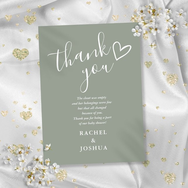 Carte De Remerciements Sage Green Baby shower Script Poème Coeur (Sage Green Baby Shower Script Heart Poem Thank You Card)