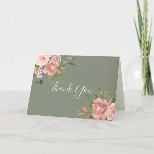 Carte De Remerciements Sage Green & Blush Rose Floral Élégant Mariage