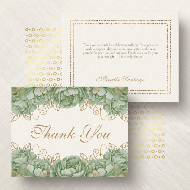 Carte De Remerciements Sage Green Elegant Floral Quinceanera (Créateur téléchargé)