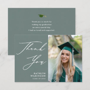 Carte De Remerciements Sage Green Élégant Script Simple Photo Graduation