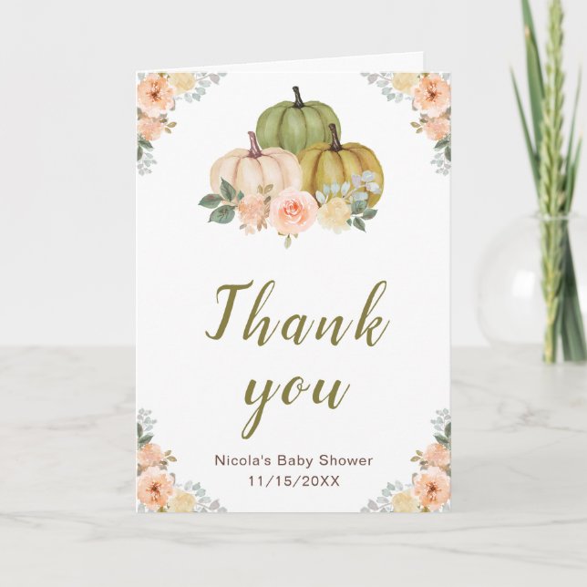 Carte De Remerciements Sage Green et Peach Floral Citrouille Baby shower (Devant)