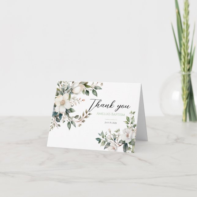 Carte De Remerciements Sage Green Floral Baptême (Devant)