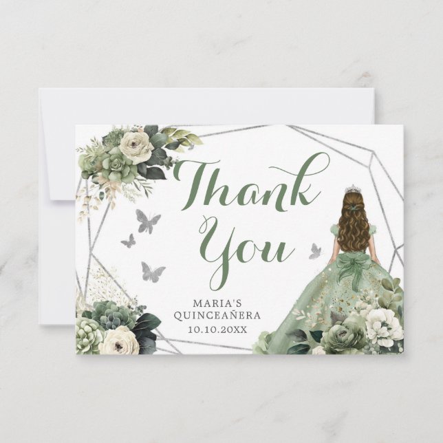 Carte De Remerciements Sage Green Géométrique Florale Princesse Quinceañe (Devant)