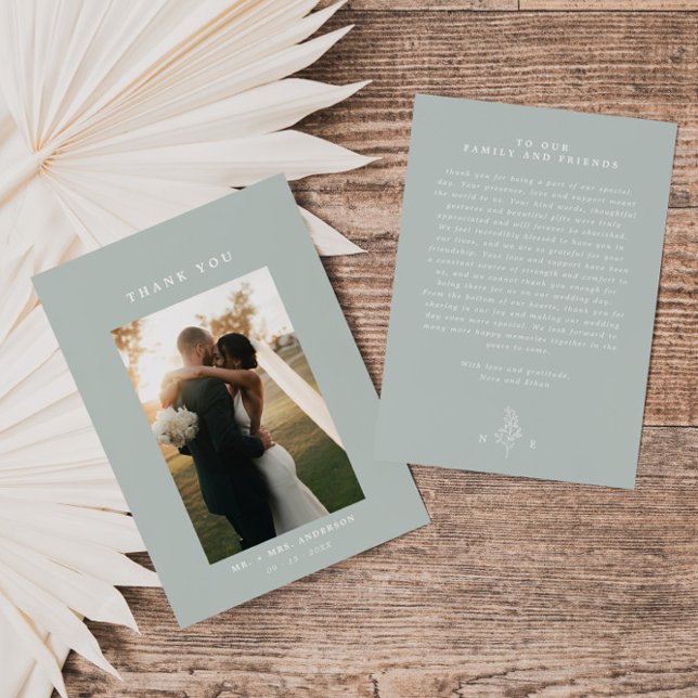 Carte De Remerciements Sage Green Line Art Leaf Monogramme Mariage (Créateur téléchargé)