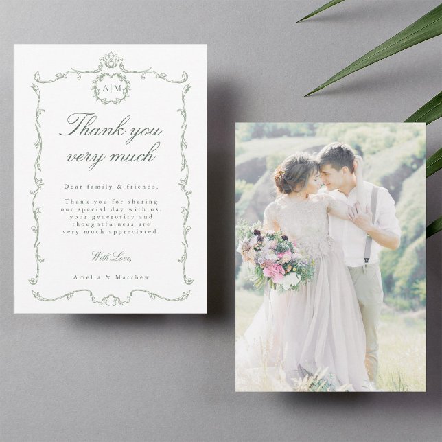Carte De Remerciements Sage Green Modern Classic French Wedding Photo (Front & Back)