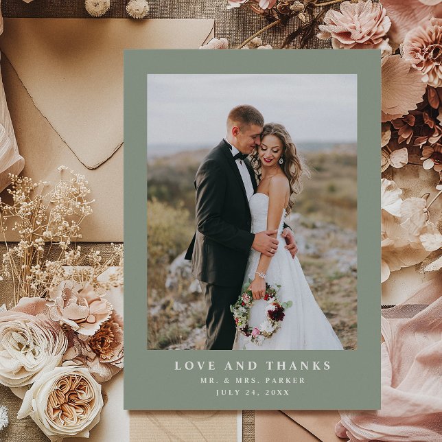 Carte De Remerciements Sage vert avec texte et photo élégants | Mariage (Créateur téléchargé)