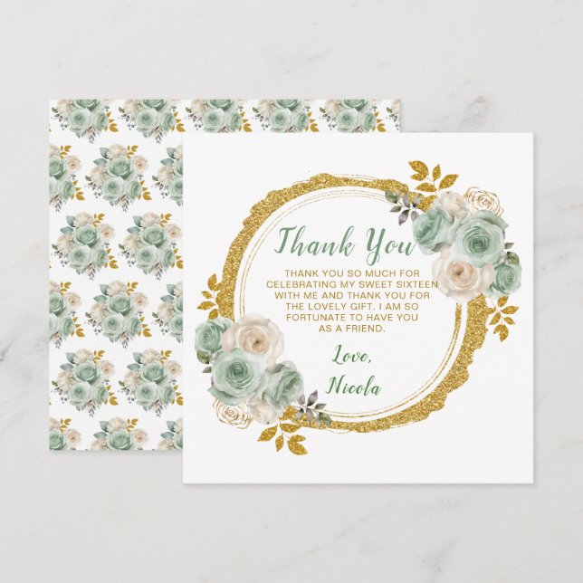 Carte De Remerciements Sage Vert et or Elegant Fleurs Sweet sixteen (Devant / Derrière)
