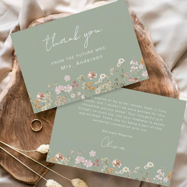 Carte De Remerciements Sage Vert Fête de Mariage aux Fleurs Sauvages (Créateur téléchargé)