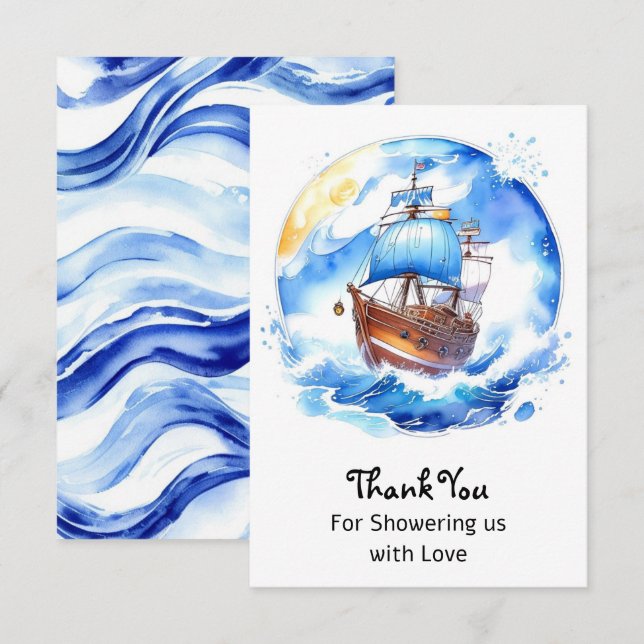 Carte De Remerciements Sailboat Dreams : Nautical Baby Boy Douche (Devant / Derrière)