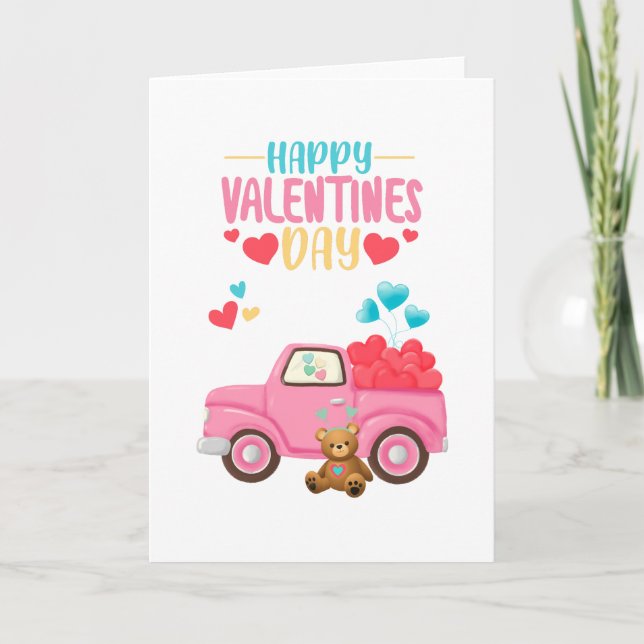 Carte De Remerciements Saint-Valentin Coeurs Camion rose Teddy Bear Card (Devant)