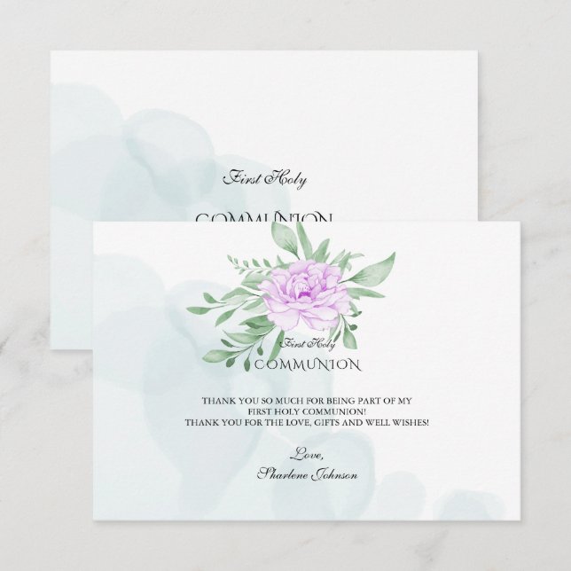 Carte De Remerciements Sainte Communion Feuille Rose pourpre Eucalyptus (Devant / Derrière)