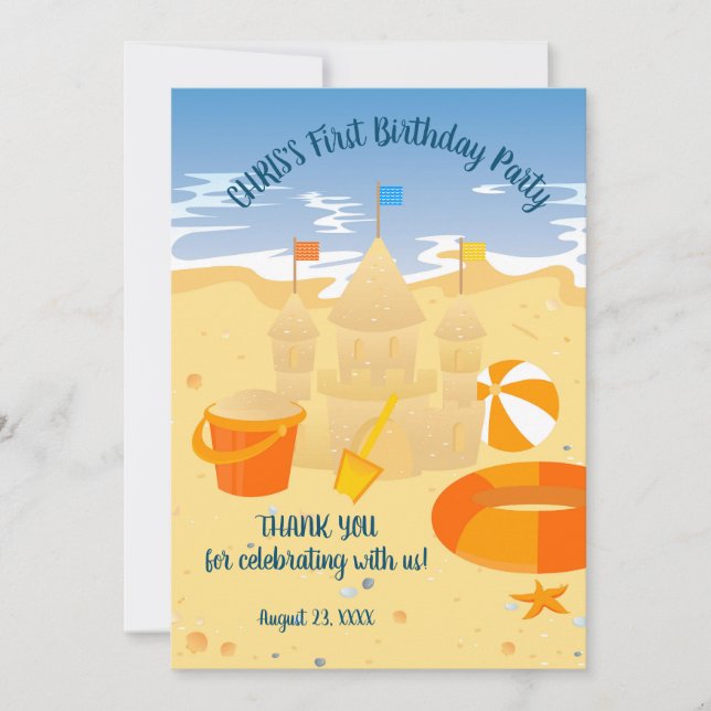 Carte De Remerciements Sand château plage amusant bébé garçon fête d'anni (Devant)