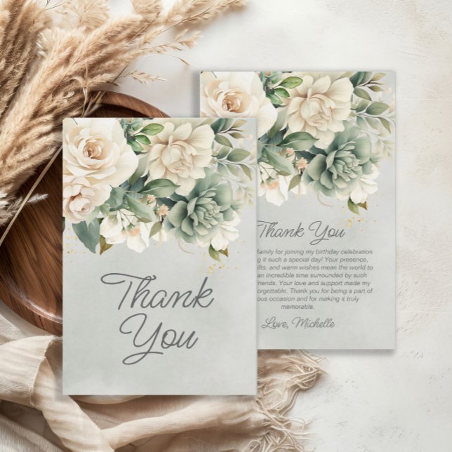 Carte De Remerciements Sauge Blanche Verte Florale Or Remerciement Annive (Elegant white and sage green floral birthday party "Thank You" card)
