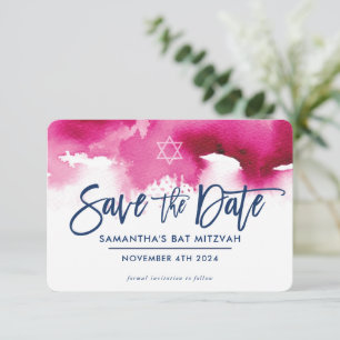 Carte De Remerciements Sauvegarder la date MITZVAH aquarelle rose foncé m