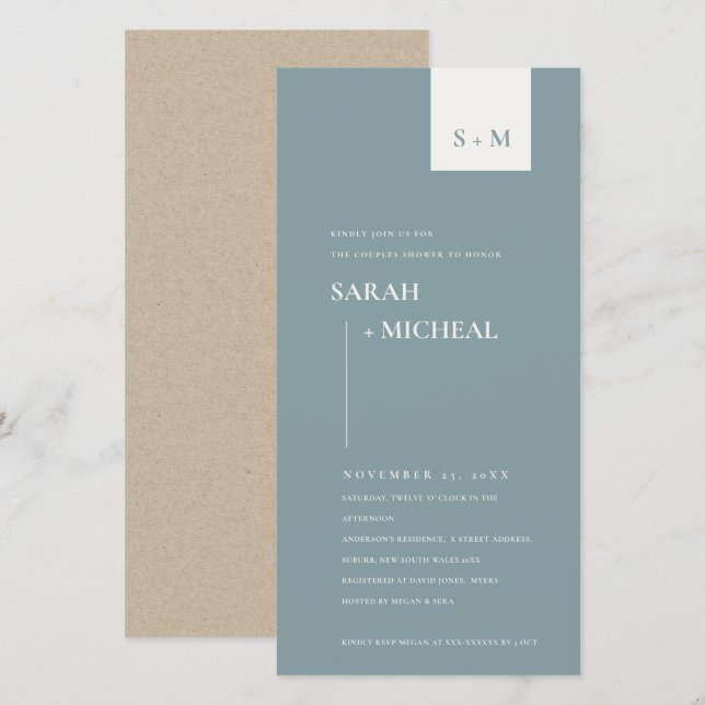 CARTE DE REMERCIEMENTS SCANDI DUSKY BLUE MONOGRAM COUPLES DOUCHE INVITATI (Devant / Derrière)