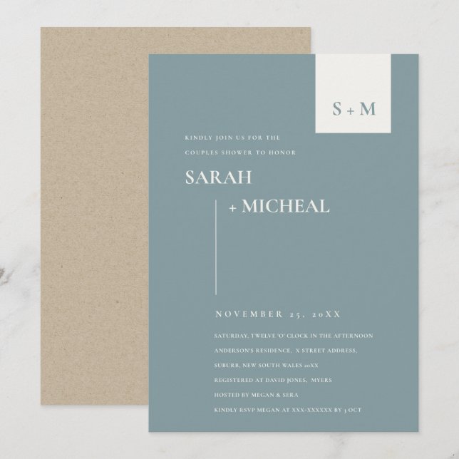CARTE DE REMERCIEMENTS SCANDI DUSKY BLUE MONOGRAM COUPLES DOUCHE INVITATI (Devant / Derrière)