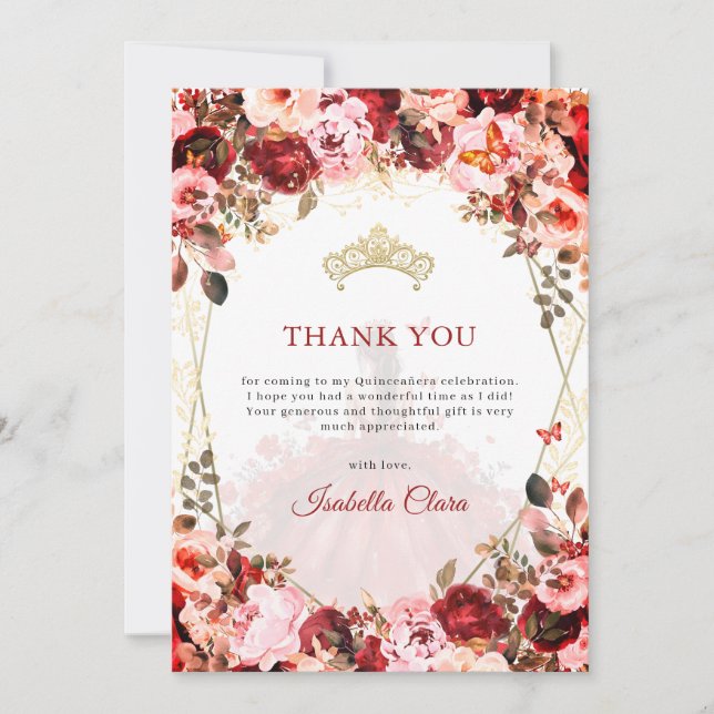 Carte De Remerciements Scarlet Enchantée Florale Princesse Quinceanera (Devant)