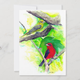 Carte De Remerciements Scarlet Tanagers Oiseaux Aquarelle Peinture