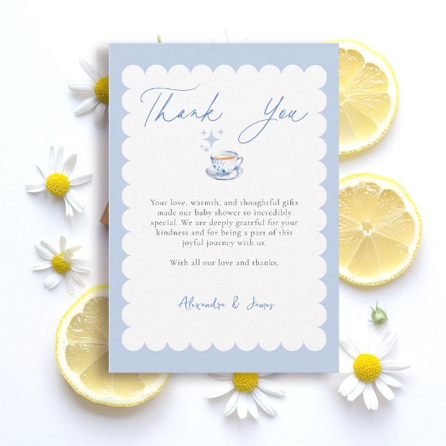 Carte De Remerciements Scénario de préparation de thé thème bleu Scénario (boy baby shower thank you card tea brewing theme blue watercolor elegant modern stylish classy)