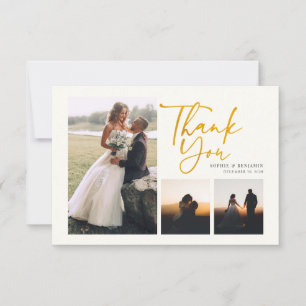 Carte De Remerciements  Script 4 Photos Mariage Lettré Or