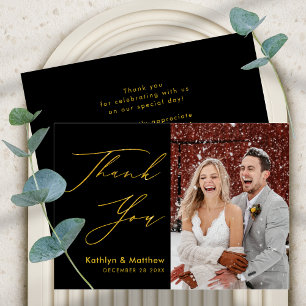 Carte De Remerciements Script Black Gold Elegant Mariage photo moderne
