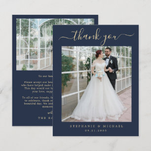 Carte De Remerciements Script Blue Elegant 2 Mariage photo Gold Script