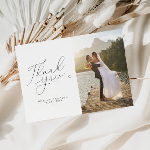 Carte De Remerciements script chic noir et blanc photo mariage