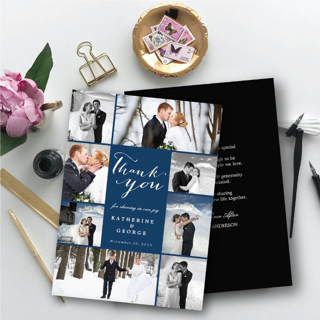 Carte De Remerciements Script classique moderne 8 Multi Photo Mariage élé (Modern Classy Script 8 Multi Photo Collage Stylish Wedding Thank You Card @ fatfatin_blue_knot)