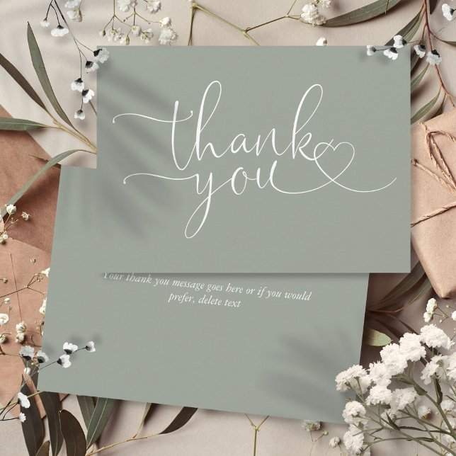 Carte De Remerciements Script Coeur élégant Sage Green (Sage Green Elegant Heart Script Thank You Card)