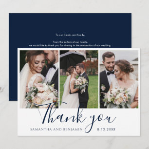 Carte De Remerciements Script de 3 photos de mariage élégant