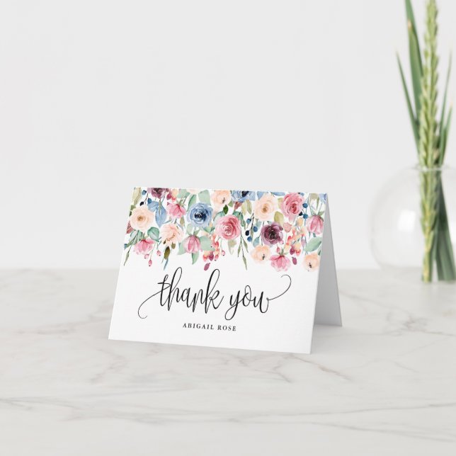 Carte De Remerciements Script de calligraphie de bordure des fleurs d'aqu (Devant)